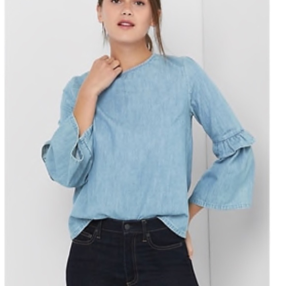 GAP Denim Chambray Ruffled Bell-Sleeve Top